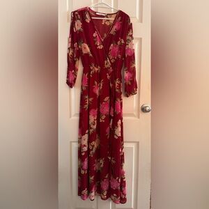 JustFab Burgundy Floral Long Sleeve Dress